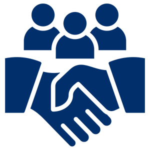 Handshake icon with three people behind.