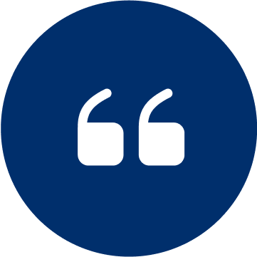 White quotation marks on blue circular background.